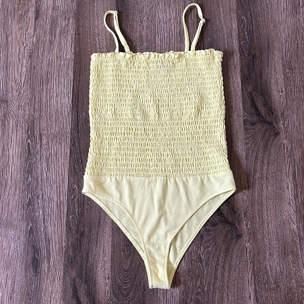 Smocked Bodysuit Bright Yellow Tank Top Sleeveless Straight Neck